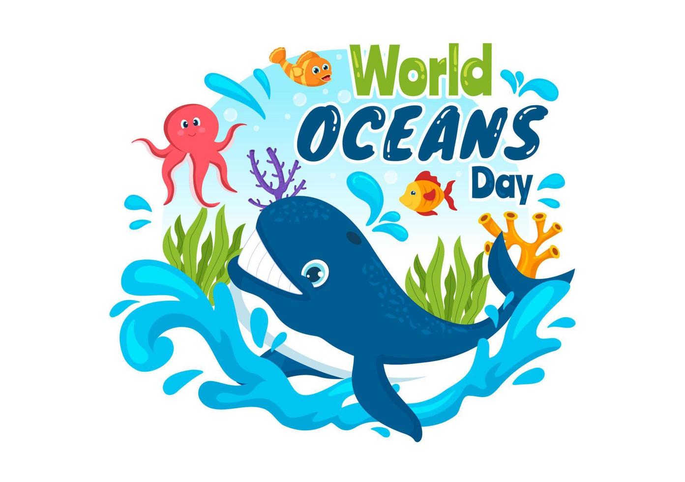 World Oceans Day Illustration to Help Protect and Conserve Ocean, fish, Ecosystem or Sea Plants in Flat Cartoon Hand Drawn for Landing Page Templates vector