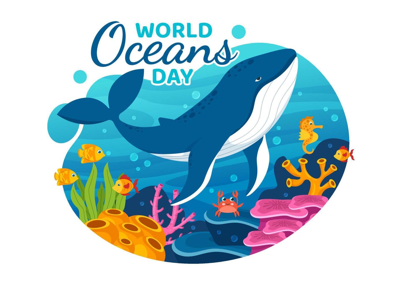 World Oceans Day Illustration to Help Protect and Conserve Ocean, fish, Ecosystem or Sea Plants in Flat Cartoon Hand Drawn for Landing Page Templates vector