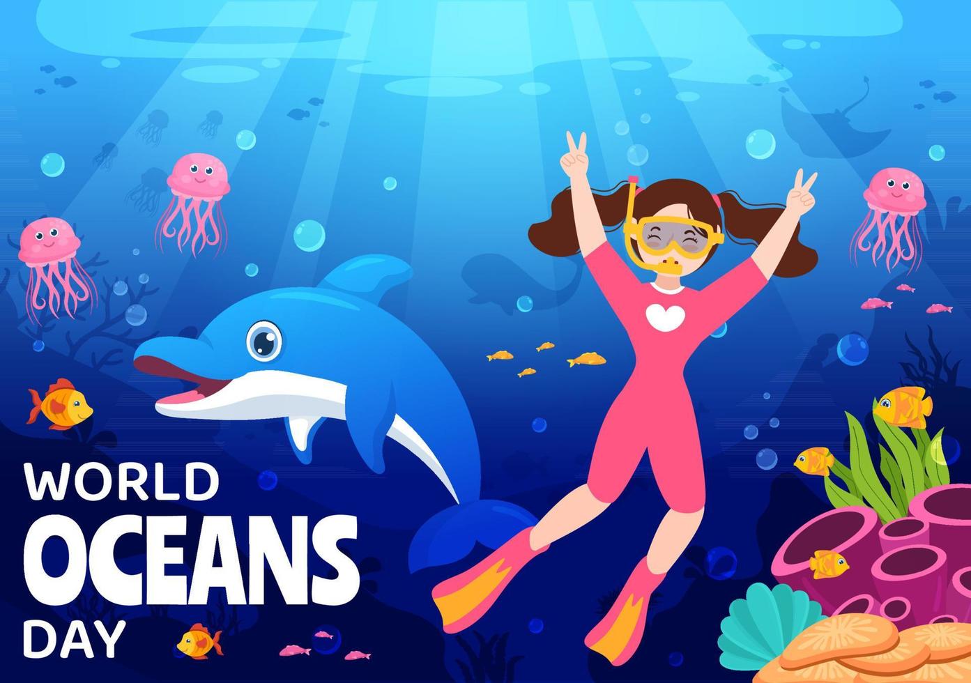 World Oceans Day Illustration to Help Protect and Conserve Ocean, fish, Ecosystem or Sea Plants in Flat Cartoon Hand Drawn for Landing Page Templates vector