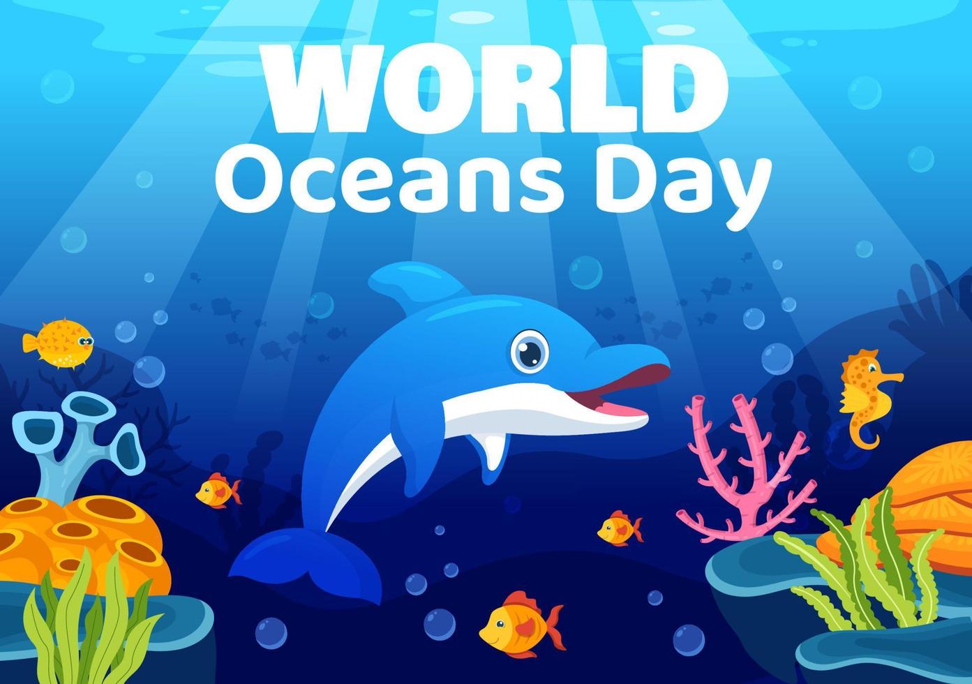 World Oceans Day Illustration to Help Protect and Conserve Ocean, fish, Ecosystem or Sea Plants in Flat Cartoon Hand Drawn for Landing Page Templates vector