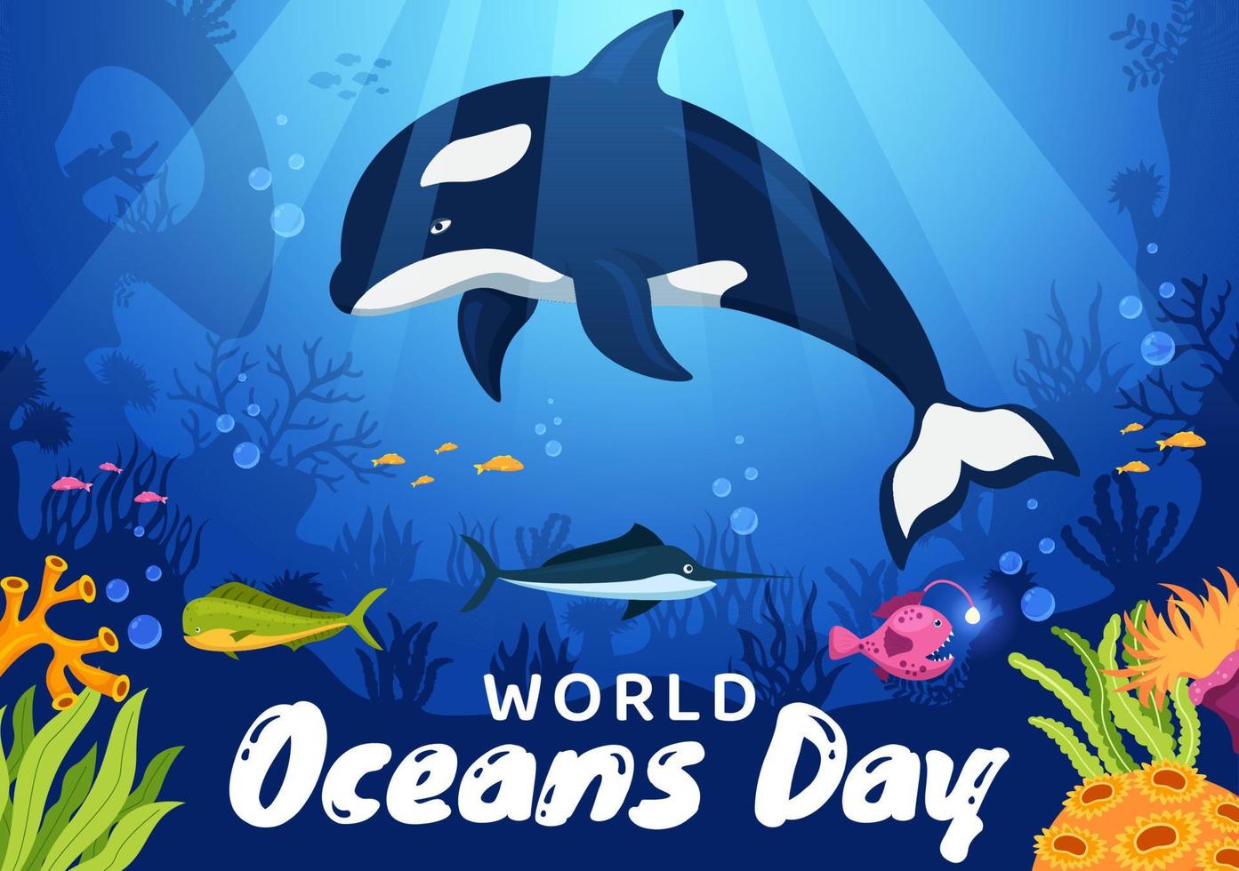 World Oceans Day Illustration to Help Protect and Conserve Ocean, fish, Ecosystem or Sea Plants in Flat Cartoon Hand Drawn for Landing Page Templates vector