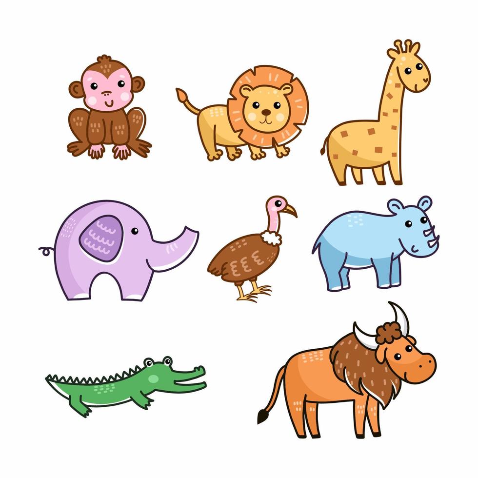 Animals of Africa. Cute illustration for kids in doodle style. Set of elements. vector