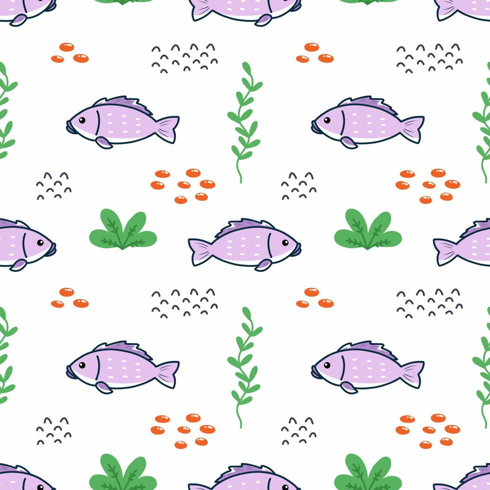 Cute fish swims in ocean. Seamless pattern for sewing children clothing. Printing on fabric and packaging paper. Seabed. vector