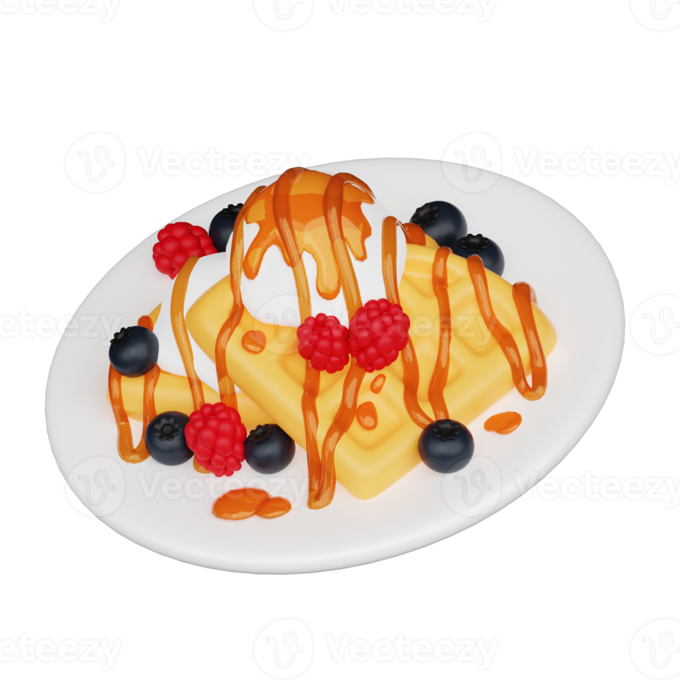 Waffle with berries 3d breakfast icon png