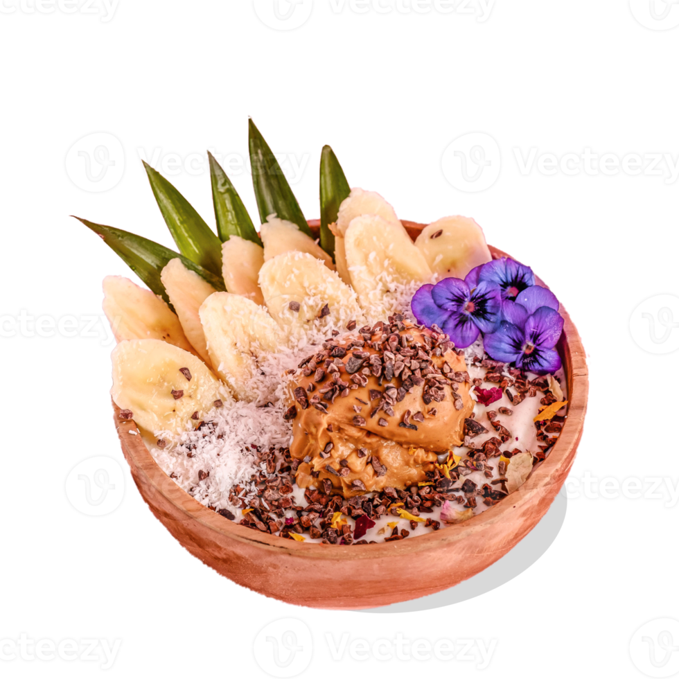 acai bowl. Summer acai smoothie wooden bowls with strawberries, blackberries, coconut fruit  on colorful background. Top view breakfast bowl with fruit and cereal, close-up. png