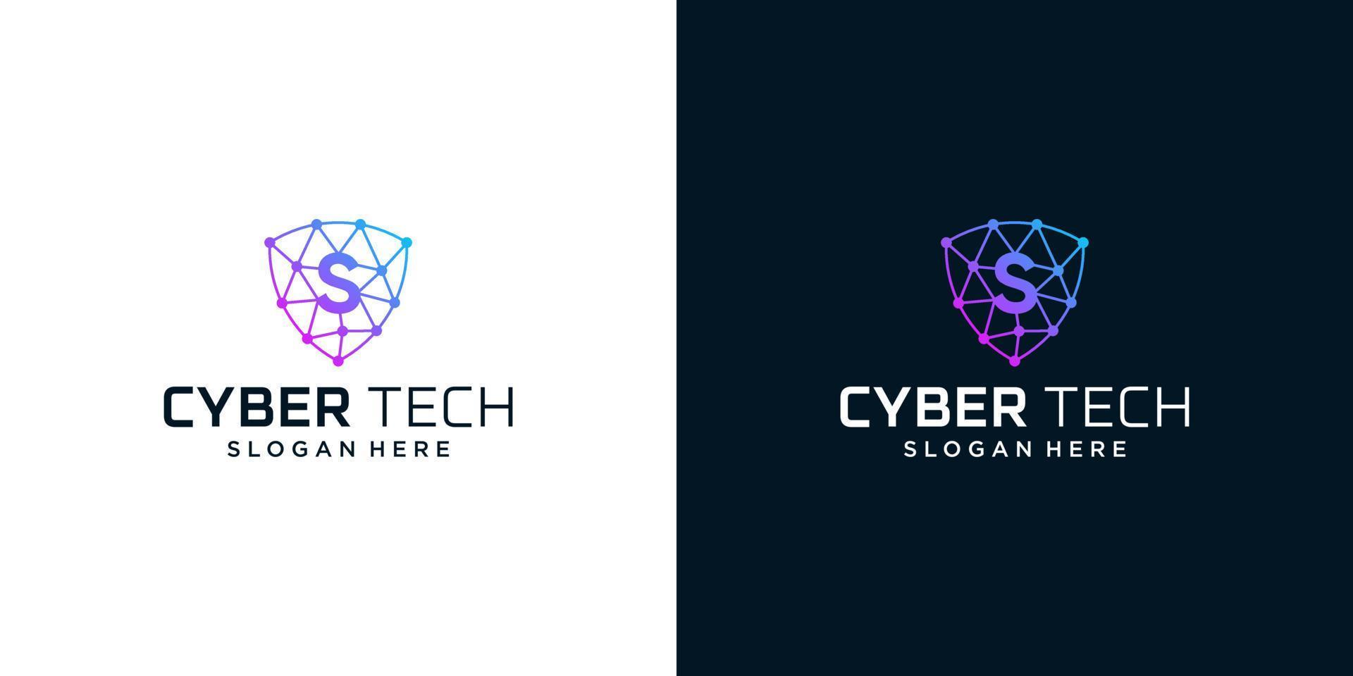Cyber tech logo design template with initial letter S graphic design vector illustration. Symbol for tech, security, internet, system, Artificial Intelligence and computer.