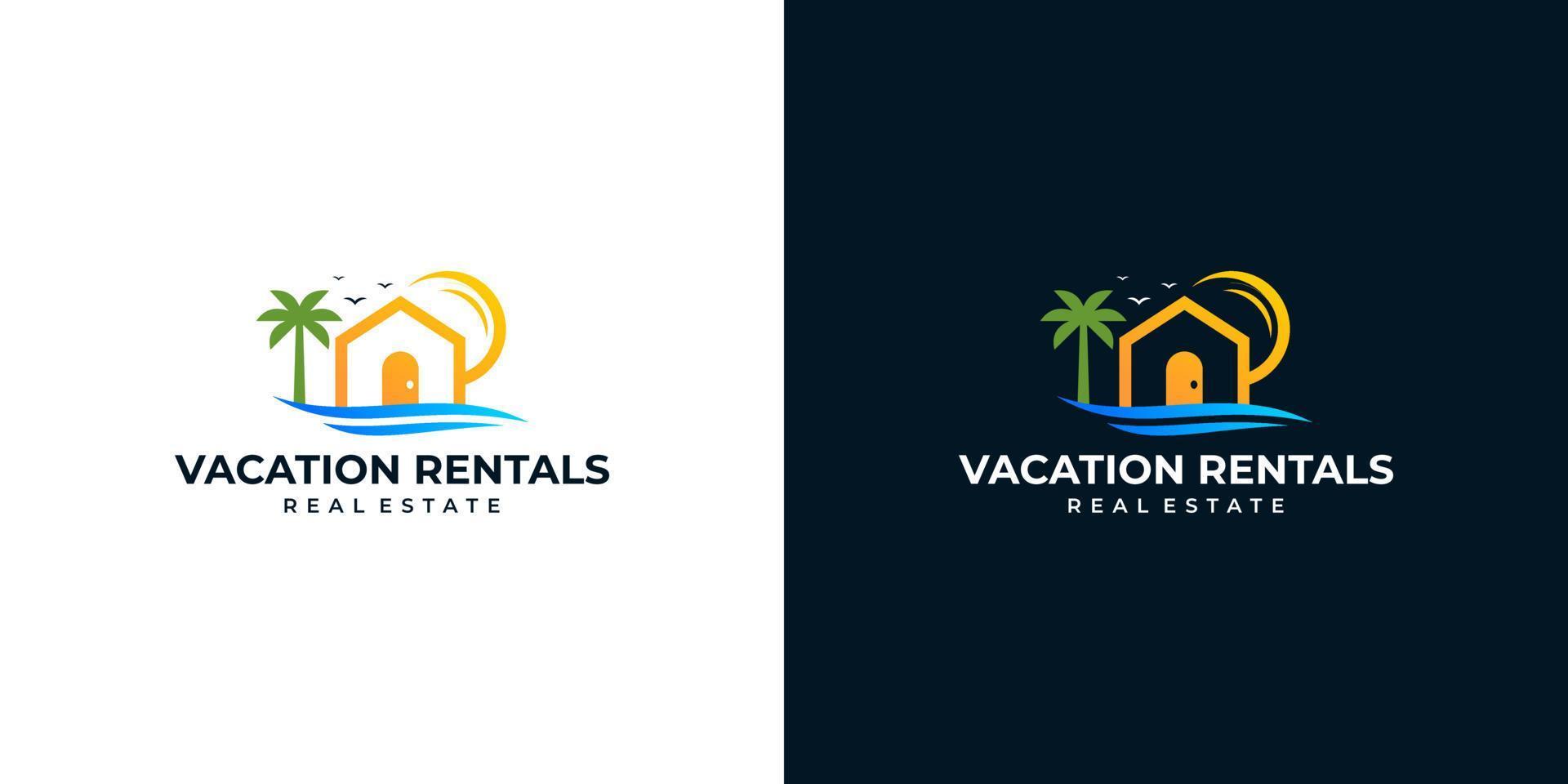 Vacation logo design template with Tropical beach, house, sun, and palm tree design vector illustration. icon, symbol, creative.