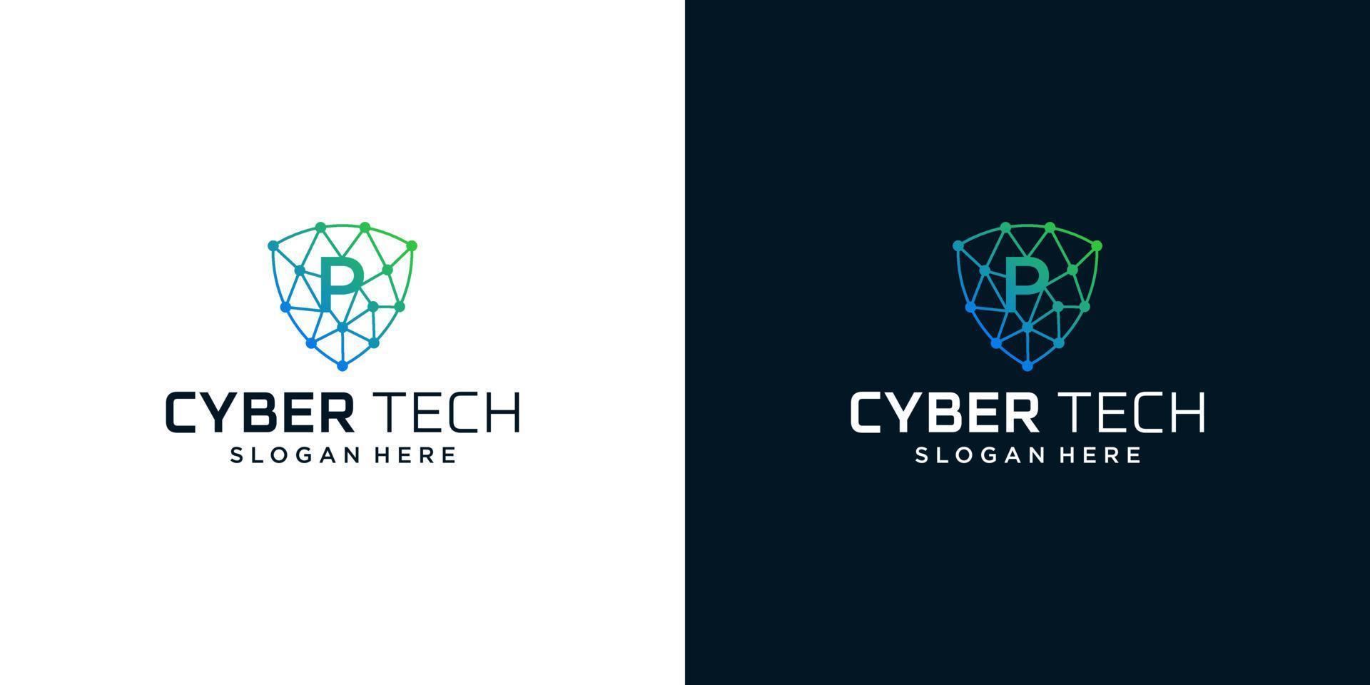 Cyber tech logo design template with initial letter P graphic design vector illustration. Symbol for tech, security, internet, system, Artificial Intelligence and computer.