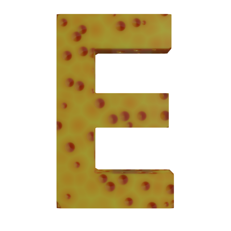 A 3D illustration of a cheese-shaped English letter E. png