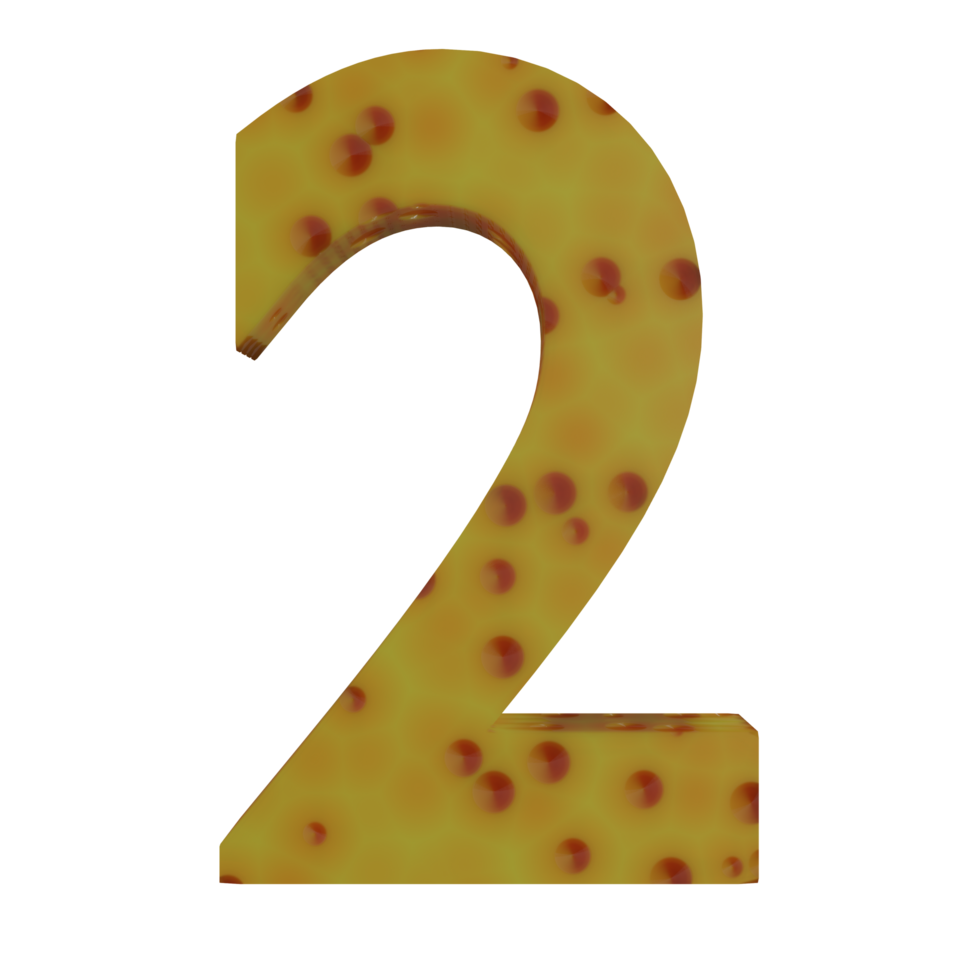 A 3D illustration of a cheese-shaped number 2. png