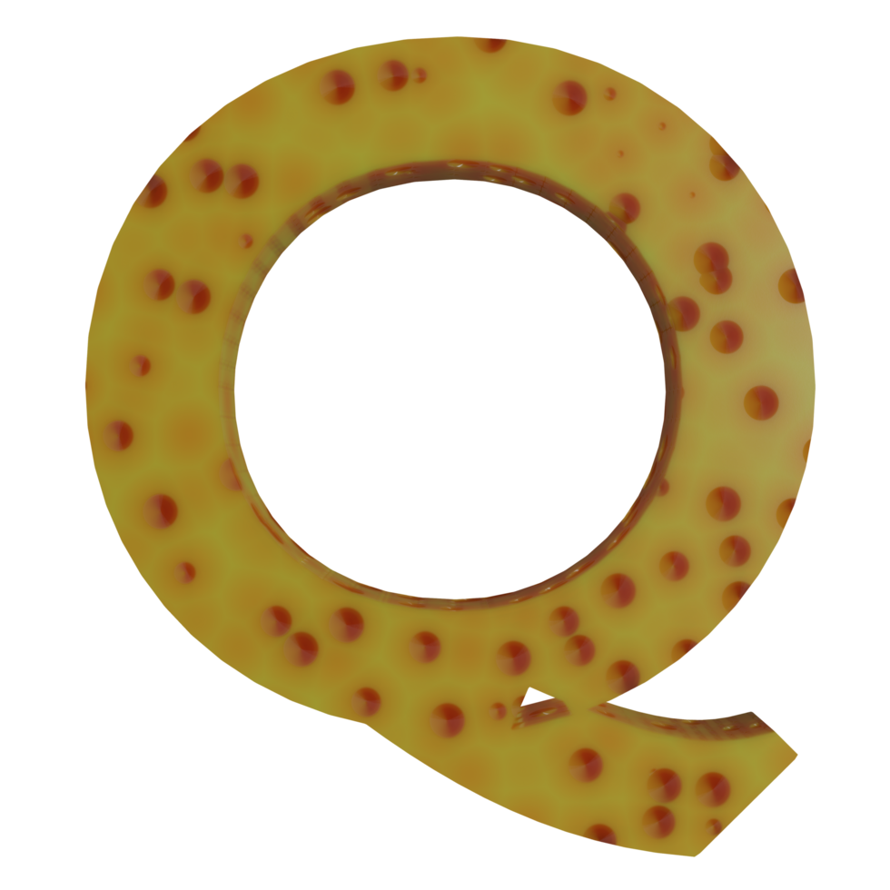 A 3D illustration of a cheese-shaped English letter Q. png