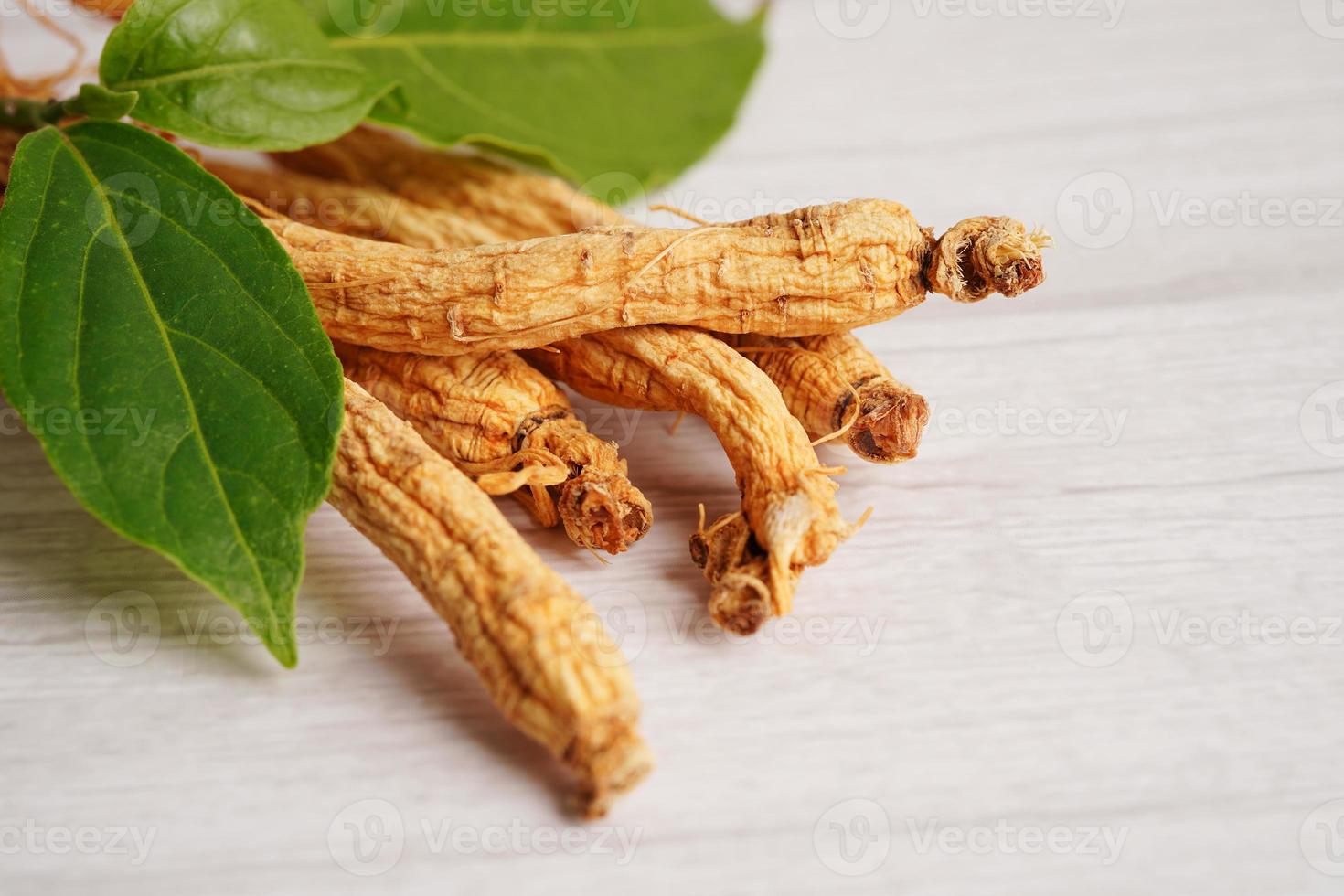 Ginseng roots and green leaf, healthy food. photo