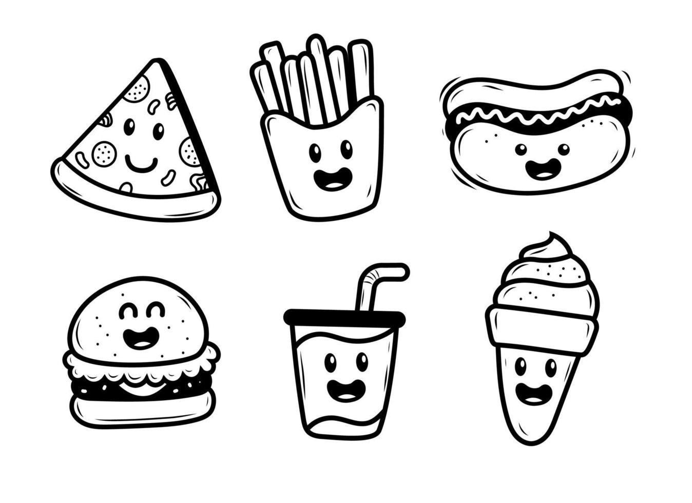 Set of fast food doodles with facial expressions isolated on white background vector