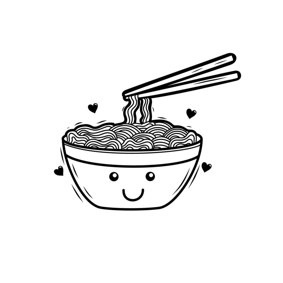 Cute bowl of noodle vector illustration with doodle style on  isolated background