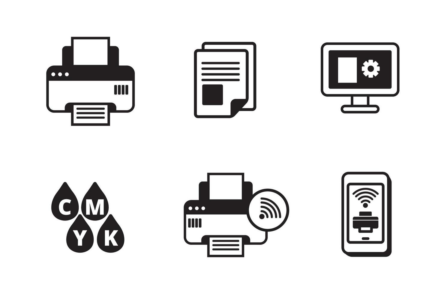 Set of printer-related icons with black glyph style on isolated background vector