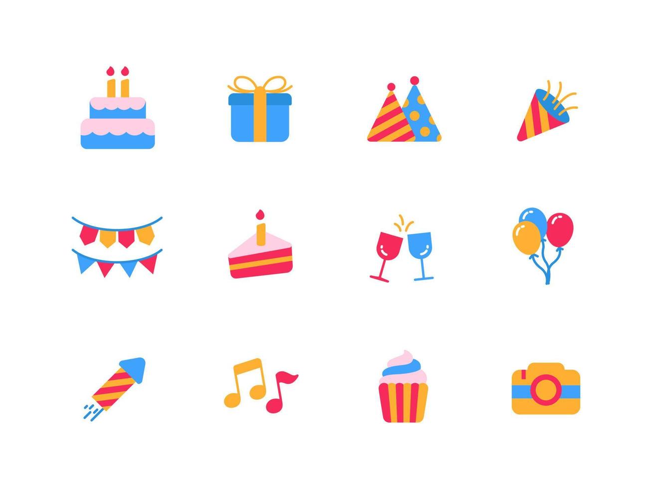 Set of birthday party icons with flat style isolated on white background. Birthday party elements vector