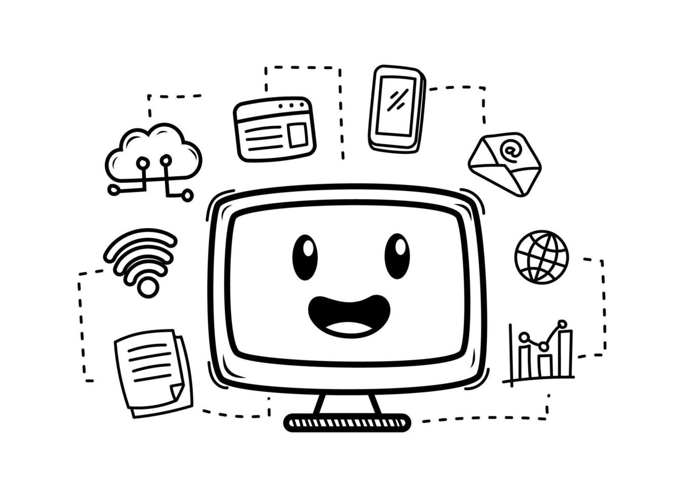 Cute computer doodle illustration with a face isolated on white background vector