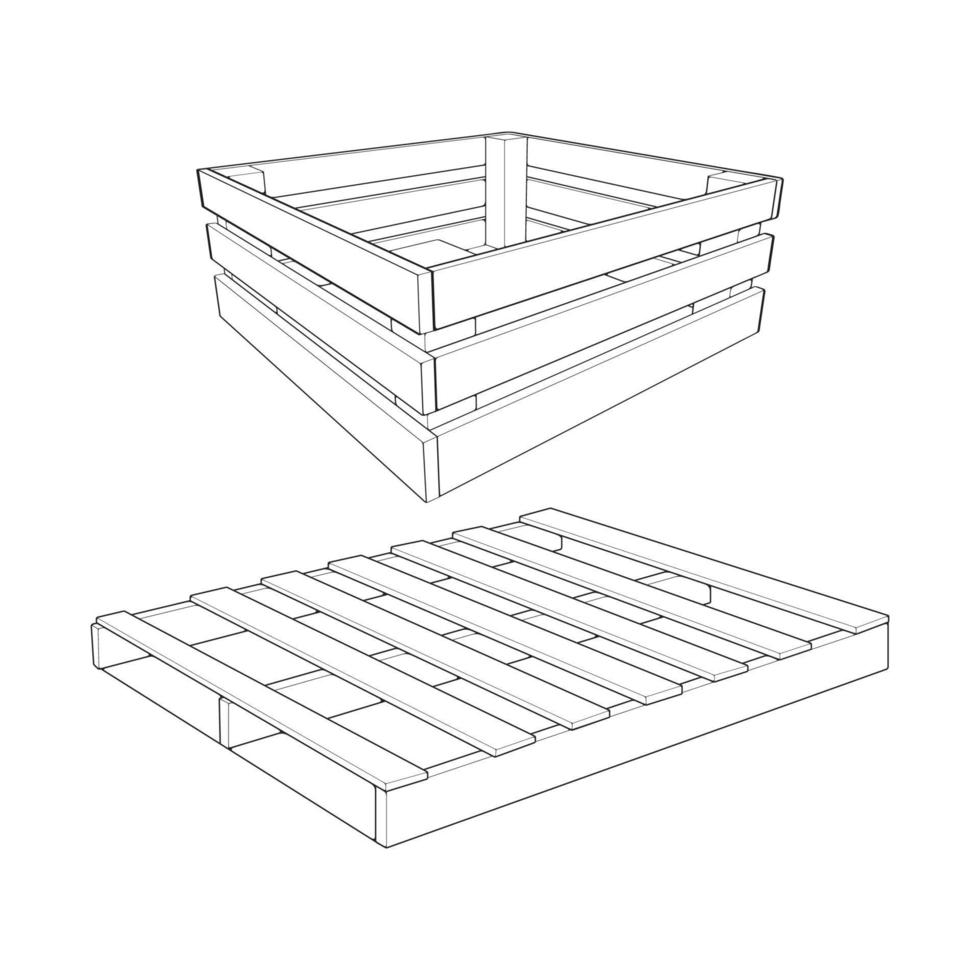 Set of wooden pallet vector illustration on white background . Isolated isometric outline wood container. Isometric vector outline wooden pallet.