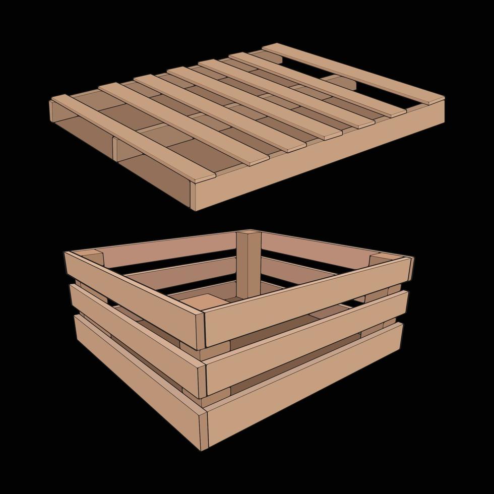 Set of Wooden pallet vector illustration on black background . Isolated isometric wood container. Isometric vector wooden pallet.