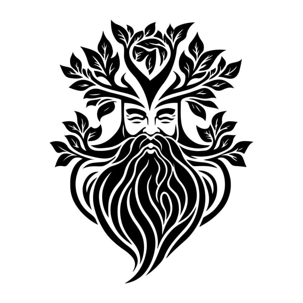 Enchanting forest God portrait with hair of branches and leaves, and beard of roots. Monochrome vector illustration ideal for nature, mythology, and fantasy themes.