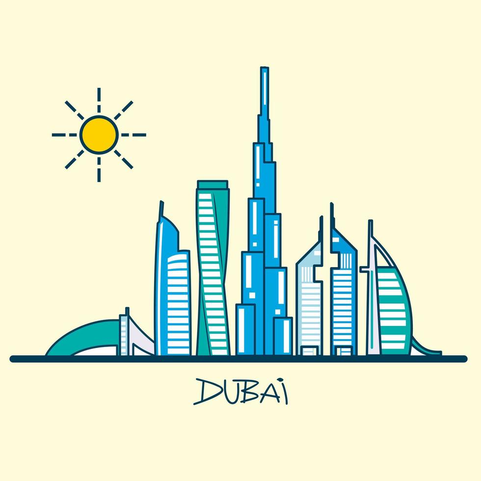 Dubai city skyline towers and landmarks cityscape in liner style, vector