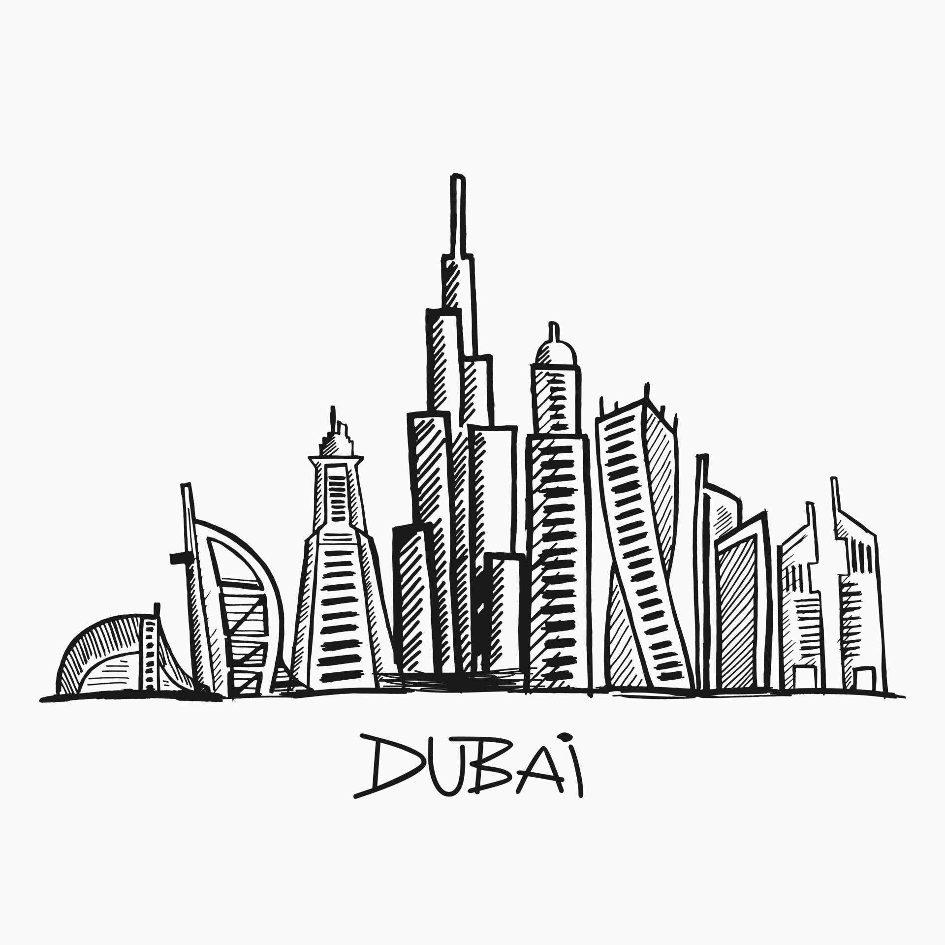 Linear banner of Dubai city. All buildings customizable different