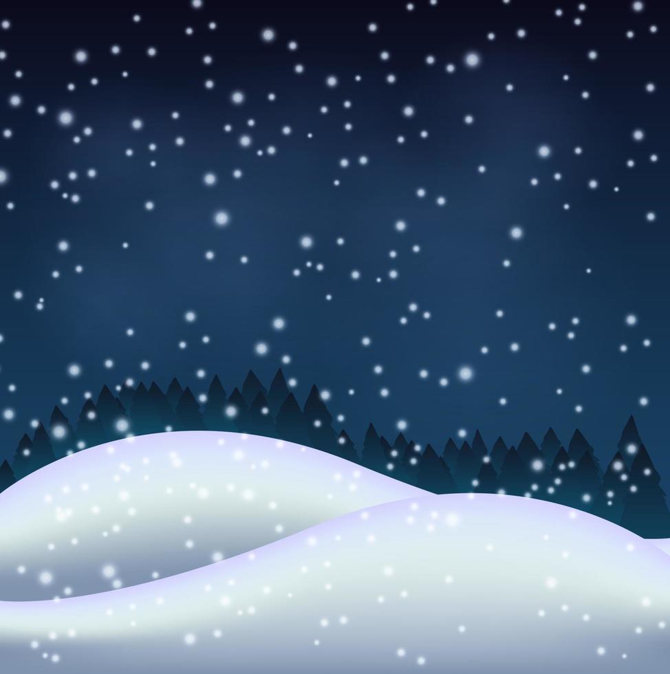 Winter night in the snowy hill, Vector Illustration