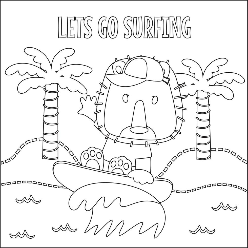 Vector illustration of surfing time with cute little animal at summer beach. Childish design for kids activity colouring book or page.