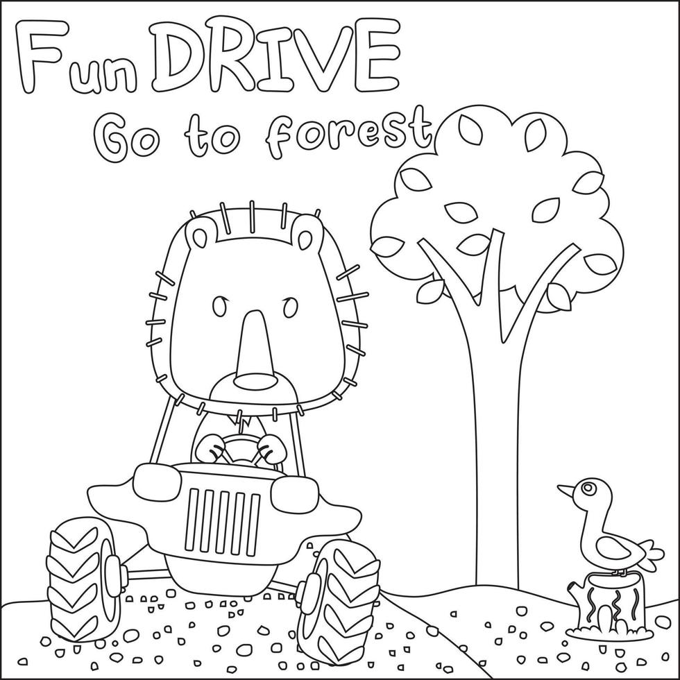 Cute animal cartoon having fun driving off road car on sunny day. Cartoon isolated vector illustration, Creative vector Childish design for kids activity colouring book or page.