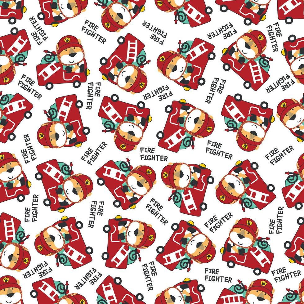Seamless pattern of fire fighter car with bear fire fighter animal cartoon. Creative vector childish background for fabric, textile, nursery wallpaper, card, poster and other decoration.