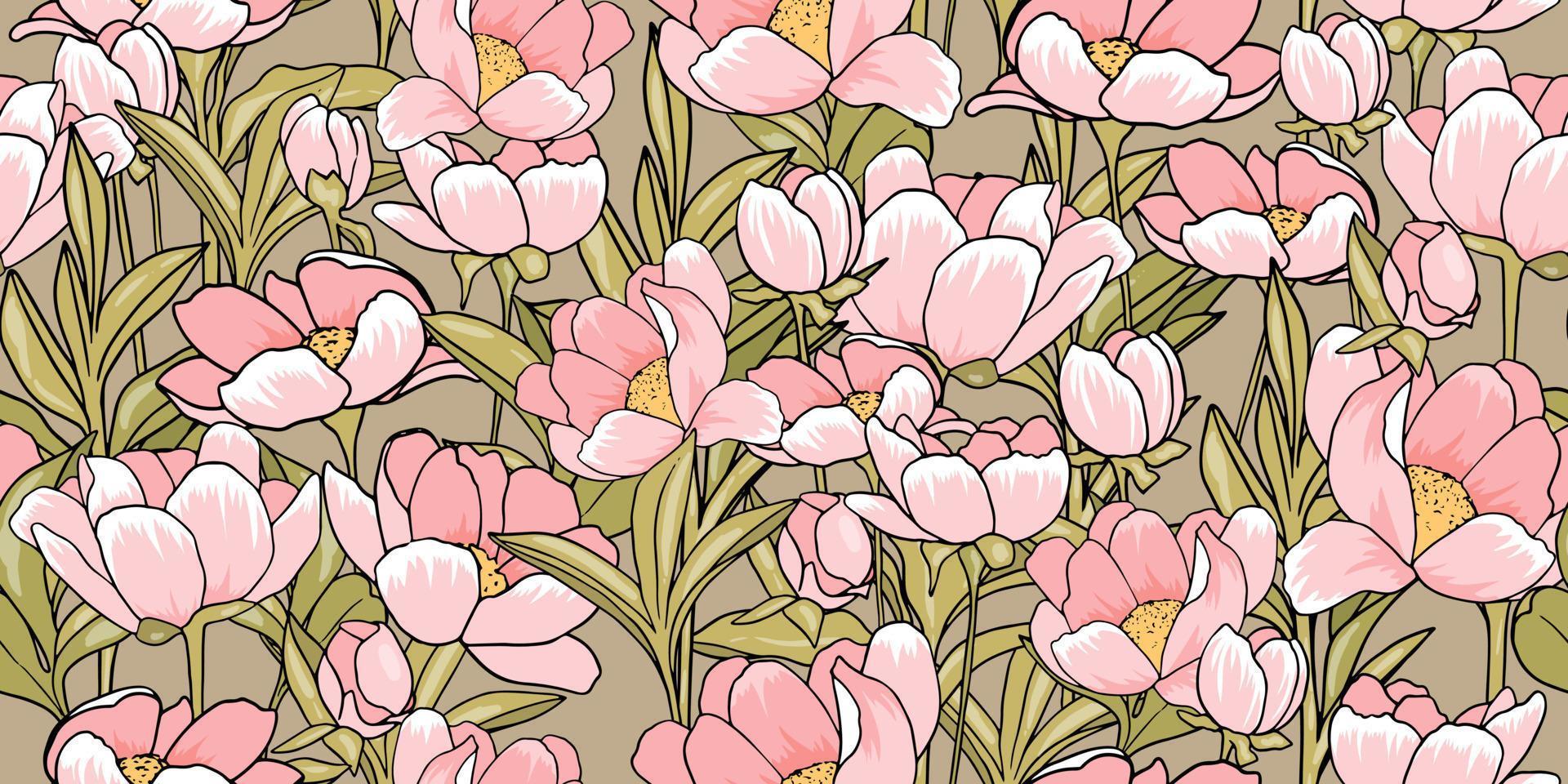 Victorian style pattern with pink blossoming peony garden on green background vector