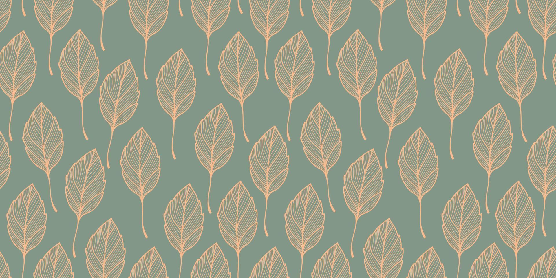 Vintage liniar botanical pattern. Seamless outline illustration with leaves on green background vector