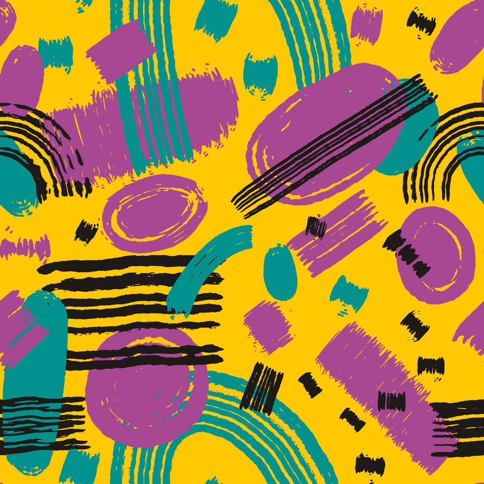 Abstract pattern with color blocks, lines, paint spots, stains and stripes. Turquoise, black, purple brush strokes on yellow background vector