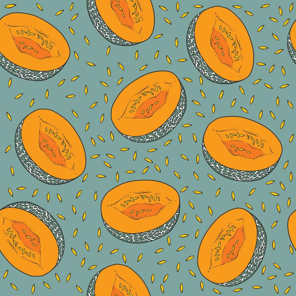 Pattern with melon halves and seeds on mint background vector