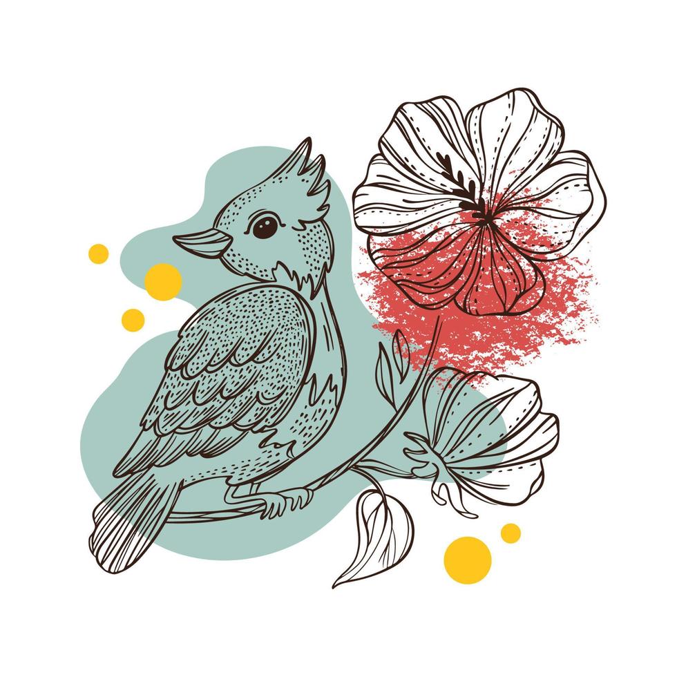 LARK ON FLOWER Hibiscus Collage Sketched Bird Packaging Art vector