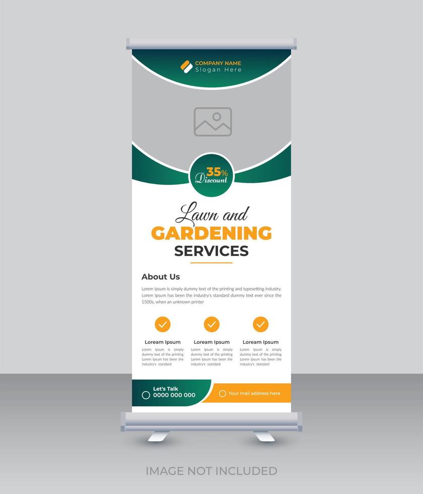 Lawn and gardening service roll up banner design, tree and gardening poster leaflet rack card flyer template vector