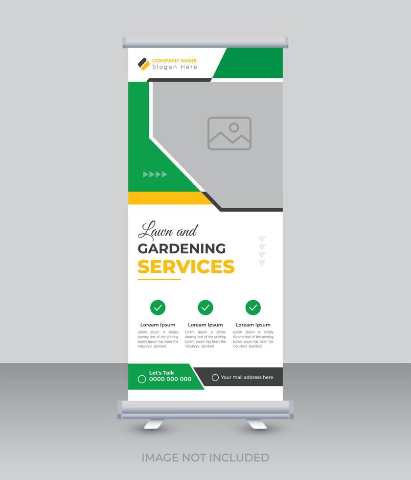 Lawn and gardening service mower promotion rack card or dl flyer design roll up banner template vector