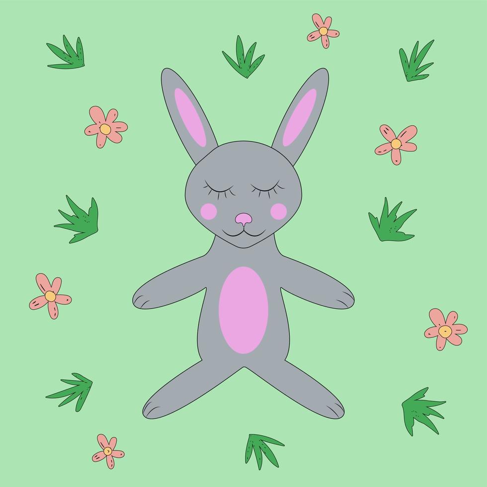 Cute funny rabbit lies sleeping in the grass in nature, vector image, children's illustration, pastel flowers