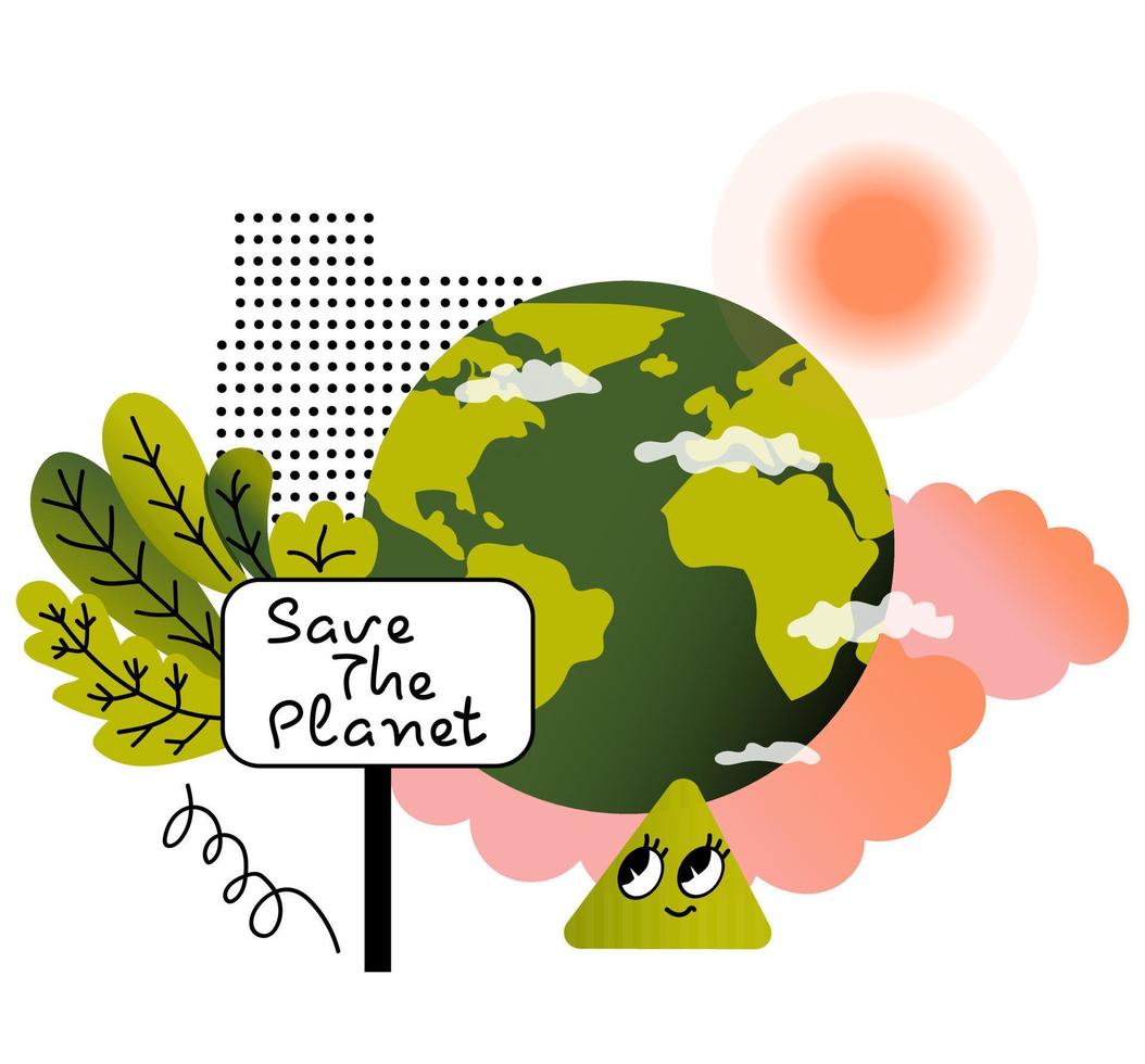 contento tierra día. planeta tierra con nubes y verde follaje. resumen garabatear formas salvar el planeta. concepto de ecología y ambiental proteccion. vector ilustración