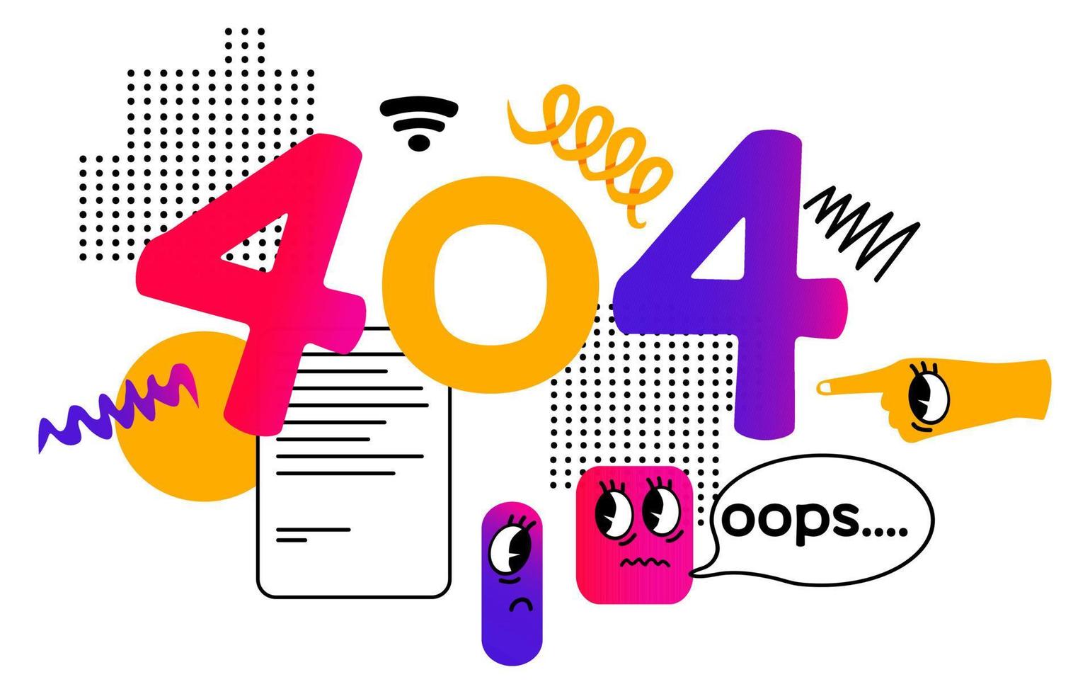 404 error. Oops. Designs for not found web page on website. Problem message for site. Abstract geometry doodle shapes. Vector banner