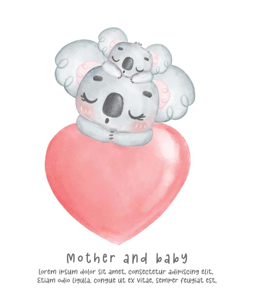 Adorable happy sleeping Koala baby and mother head hanging on red heart, Happy mother's day whimsical nursery watercolour animal cartoon hand painting. vector