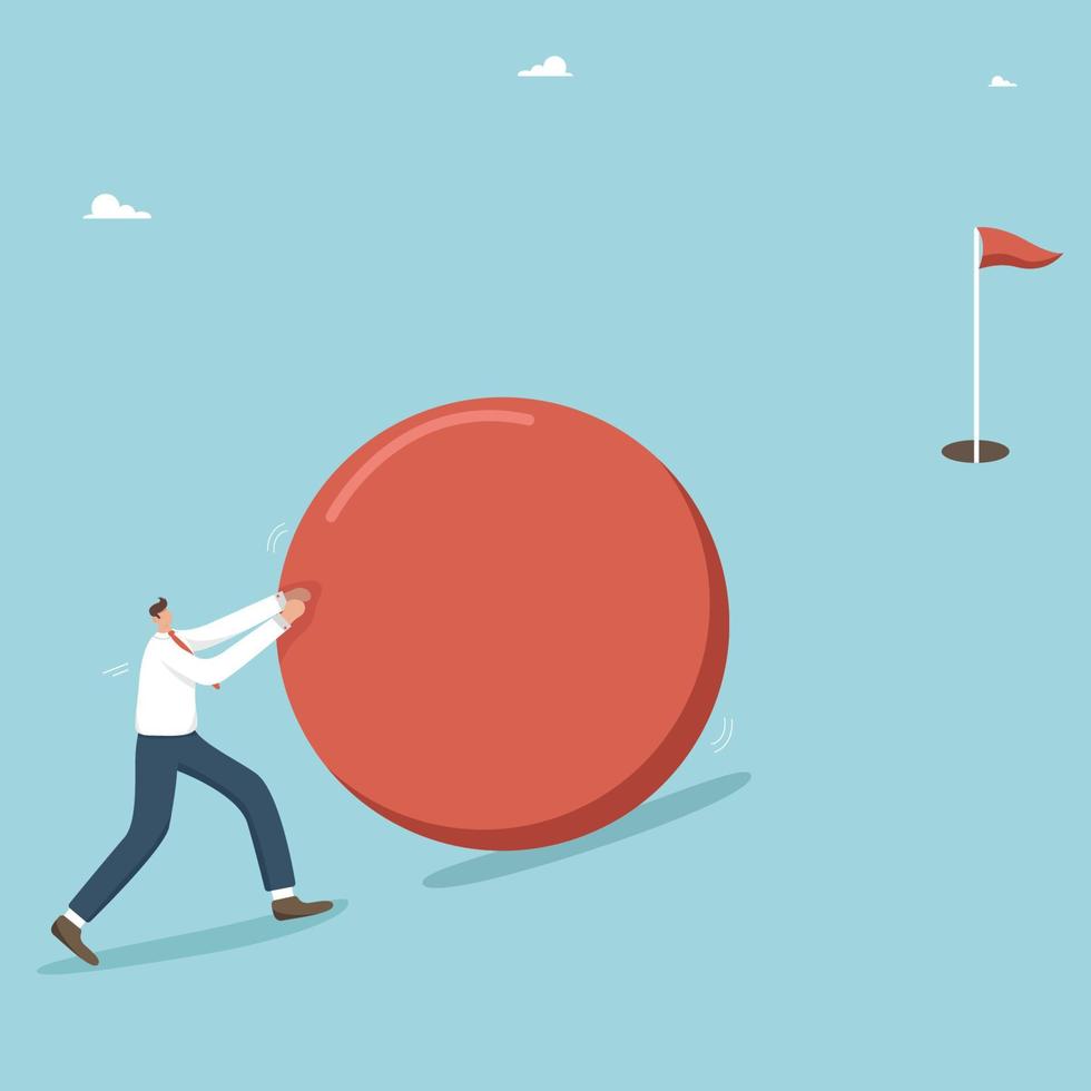 Hard work to achieve a high result, achieve a goal, find a strategy or method to complete a complex and important task, progress and business development, a man rolls a golf ball into the hole. vector