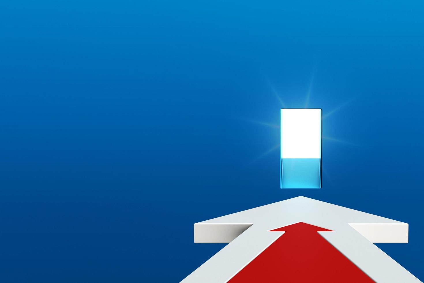 White red arrow pointing at lighting entrance on blue background. business way, different creative ideas, and develop working life concepts. 3D rendering photo
