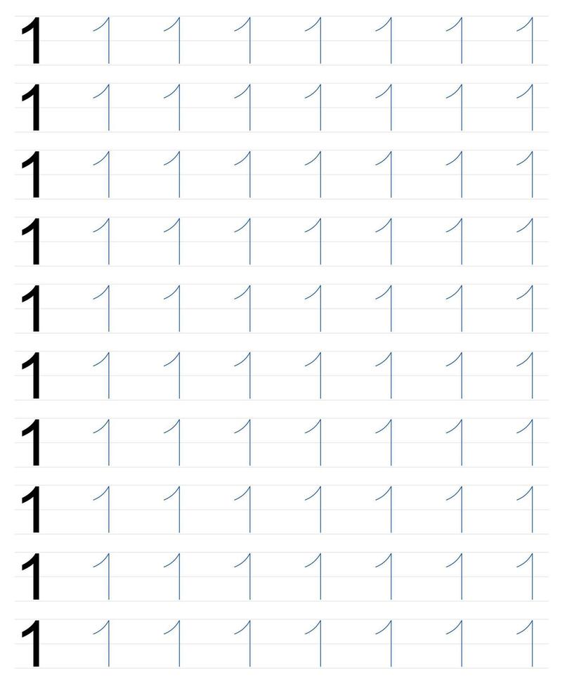 Handwriting practice sheet. Sketchbook page for learning numbers. Vector illustration. Suitable for learning to write for children, learning to write number 1.
