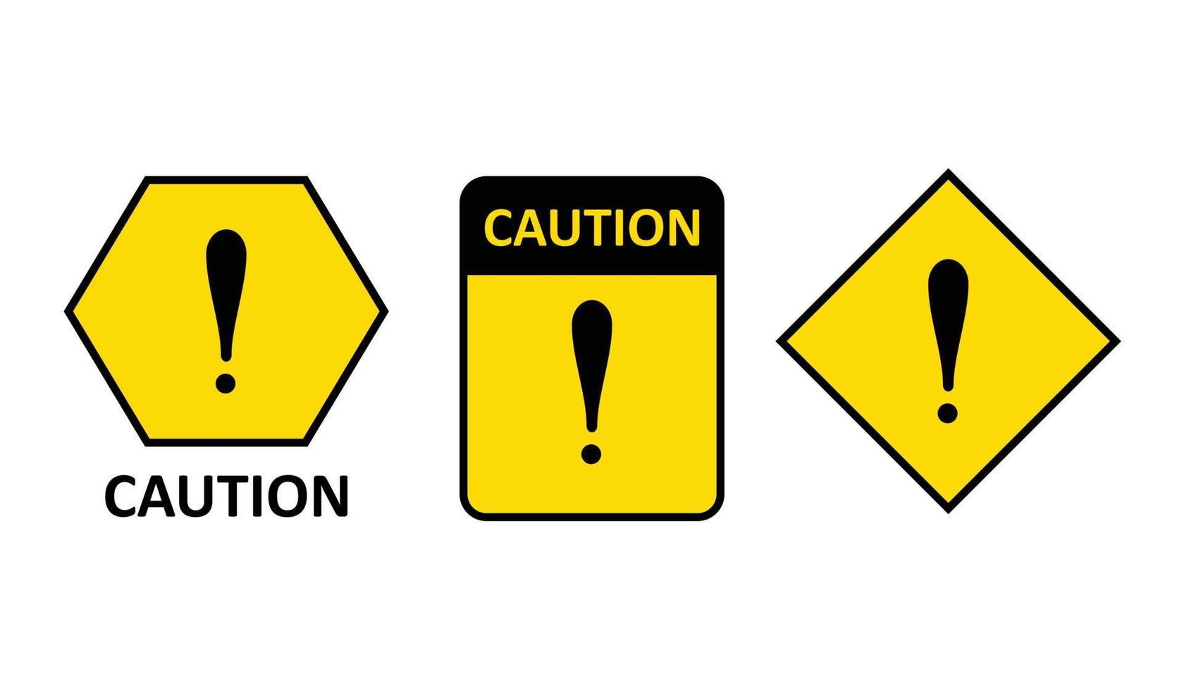 Caution sign in yellow and black with exclamation mark. Vector illustration. Several hazard warning symbols on a yellow background. Suitable for use in the design of warnings, road signs etc