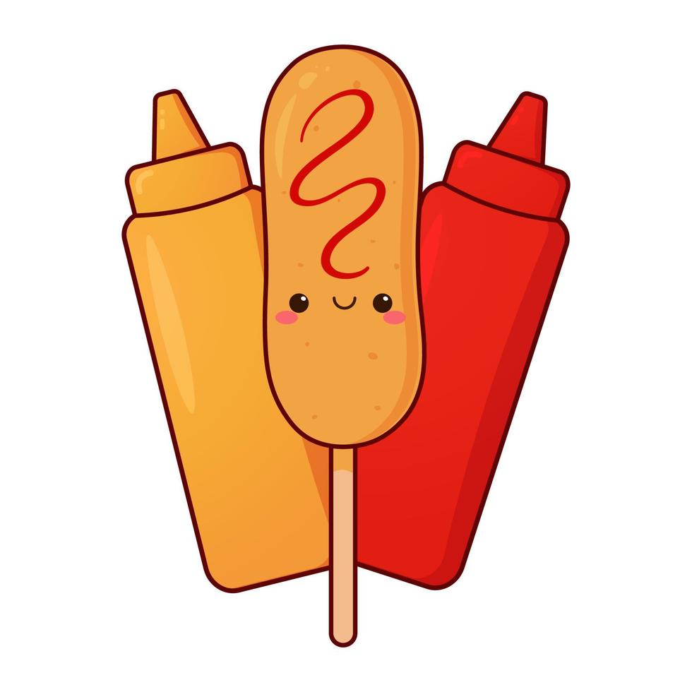 Cute corn dog with sauce bottle. Kawaii character. Cartoon vector illustration.