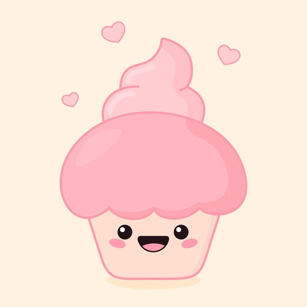 Kawaii cupcake character. Adorable sweet cake. Cute pink vector illustration.