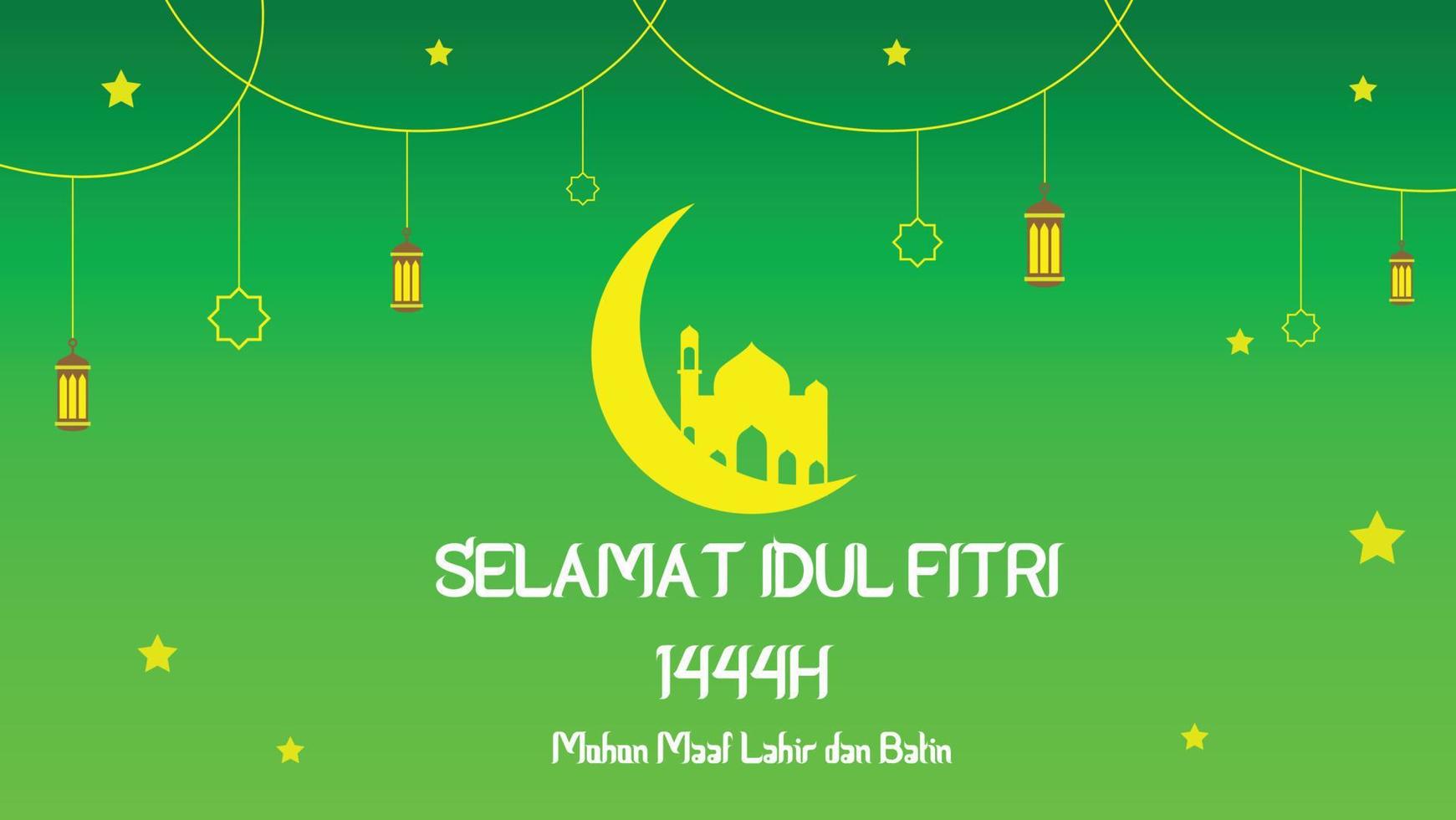 Selamat Idul Fitri Greeting 1444H, Moon and Mosque, Green Bakcground vector