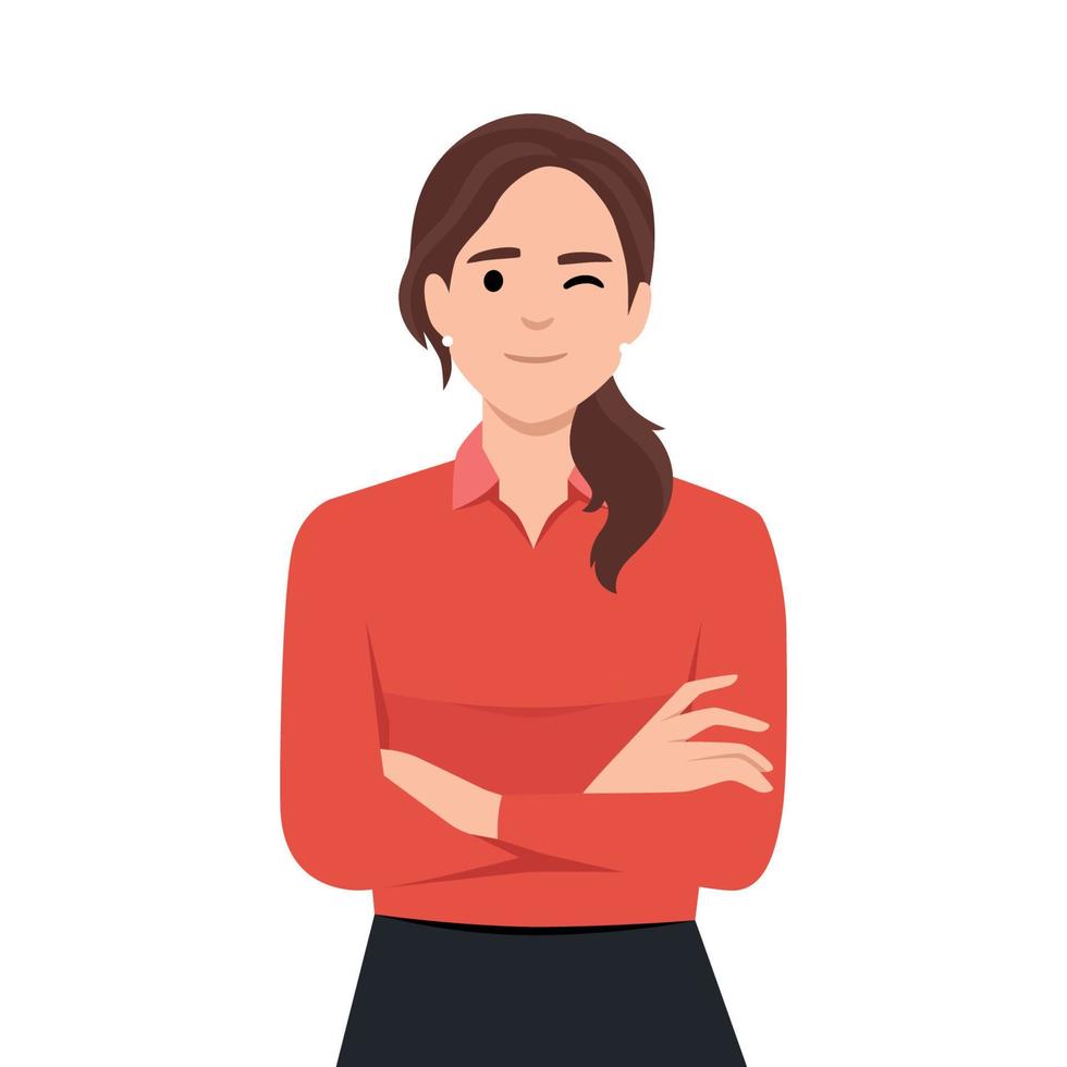 Confident and beautiful young woman in smart casual wear keeping arms crossed and smiling. Portrait of a young smiling woman. Woman folded hands. vector