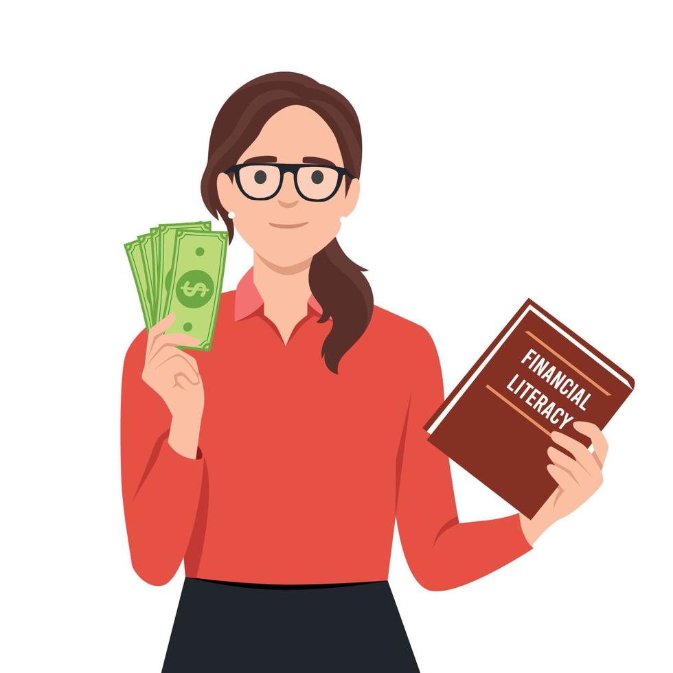 Woman holding financial literacy book and cash money. Financial education illustration. Student characters investing money in education and knowledge. vector